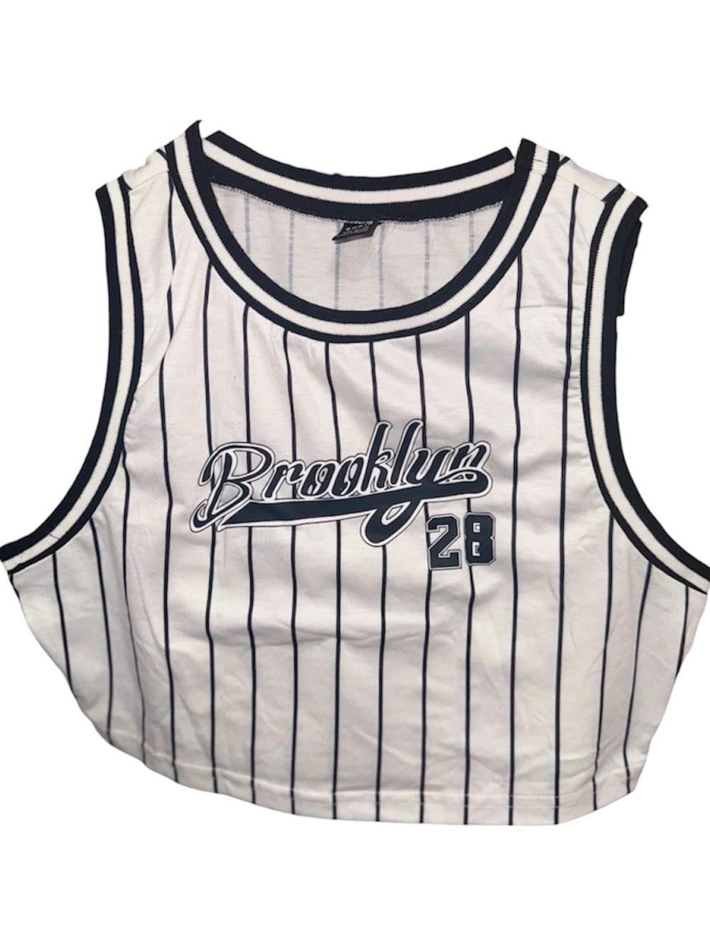 SHEIN White and Navy Pinstripe Crop Tank with Brooklyn Script